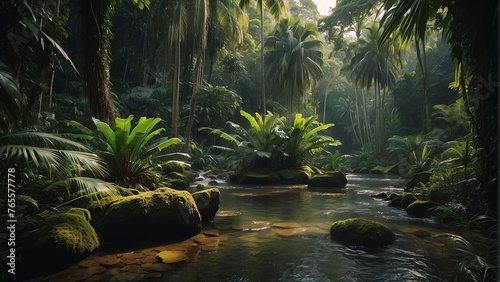 tropical forest in the jungle, tropical jungle with tropical green trees, green tropical landscape