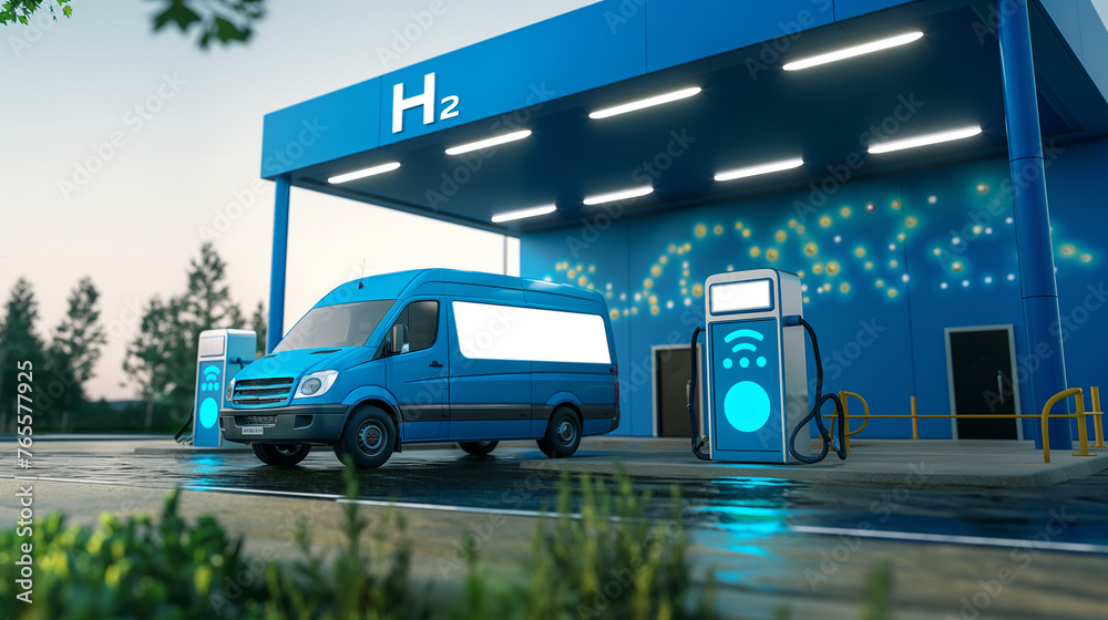 Blue delivery van in the background of the charging station. 3d rendering