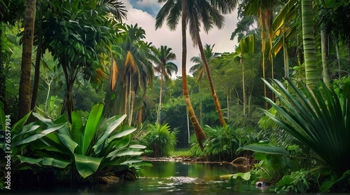 tropical forest in the jungle  tropical jungle with tropical green trees  green tropical landscape