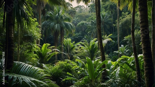 tropical forest in the jungle  tropical jungle with tropical green trees  green tropical landscape