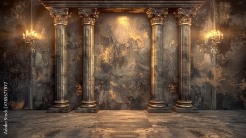 Antique Corinthian columns against a distressed wall with candelabra sconces, Concept of historical architecture and timeless elegance © Picza Booth