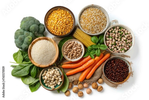 A grocery bag with various vegan foods, overhead shot Isolated on solid white background