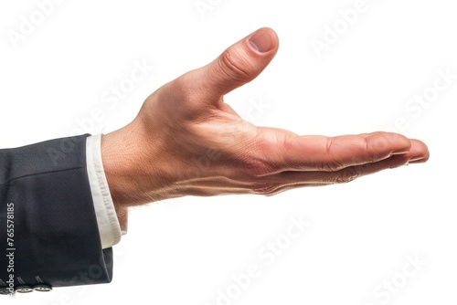 A hand of a businessman showing white background
