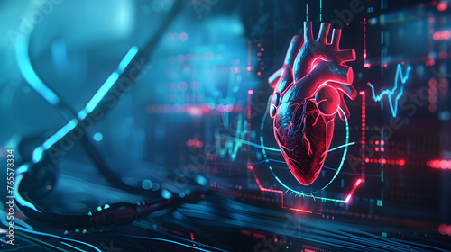 Futuristic heart health monitoring device attached to a patient  with a holographic display showing an irregular heartbeat pattern. The background is sleek and technological