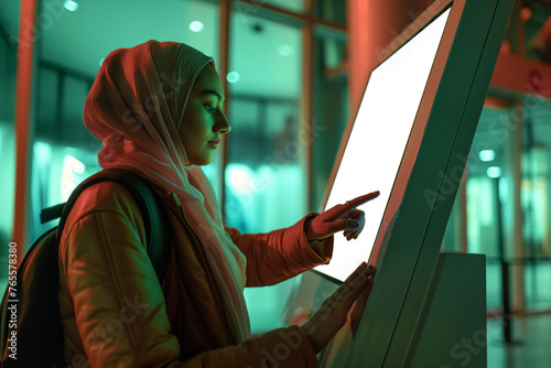 A Muslim Woman with a telephone using a self-service desk with a Blank screen, Mockup