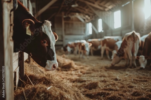 A herd of cows inside a barn during feeding