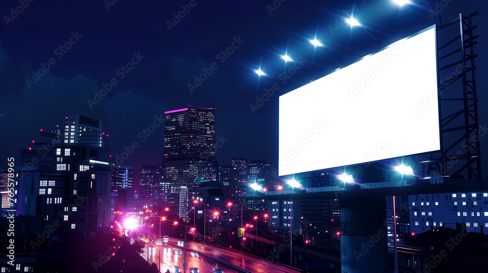Large billboard mockup with spotlights on the city background at night. Advertising concept