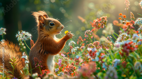 Vivid squirrel stands amid colorful flowers, tenderly holding a yellow blossom