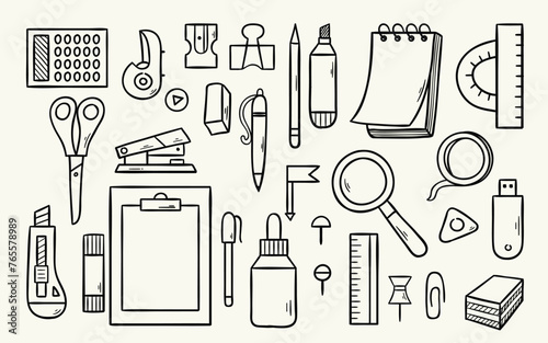 Office set tools. Hand drawn vector illustrations