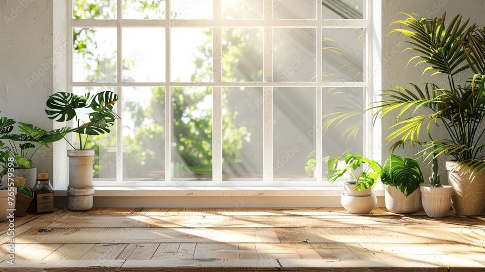 A window with a view of trees and a wooden floor. There are potted plants on the floor and windowsill