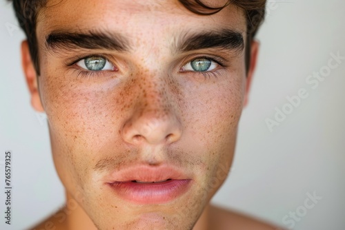 Beautiful model man posing close up eyes on white studio background