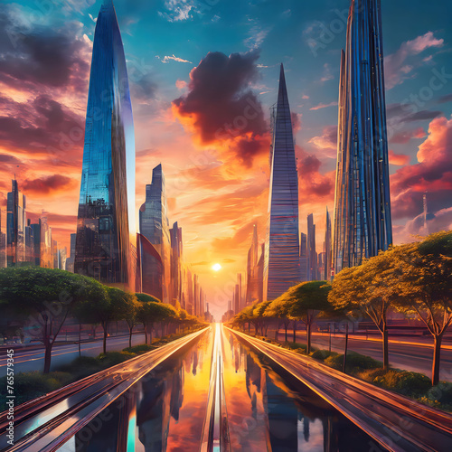 Sunset Reflections in a Futuristic Cityscape