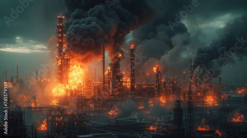 Catastrophic Refinery Blaze, intense inferno engulfs an oil refinery, with enormous plumes of smoke and fire against a dusky sky, depicting an industrial disaster.
