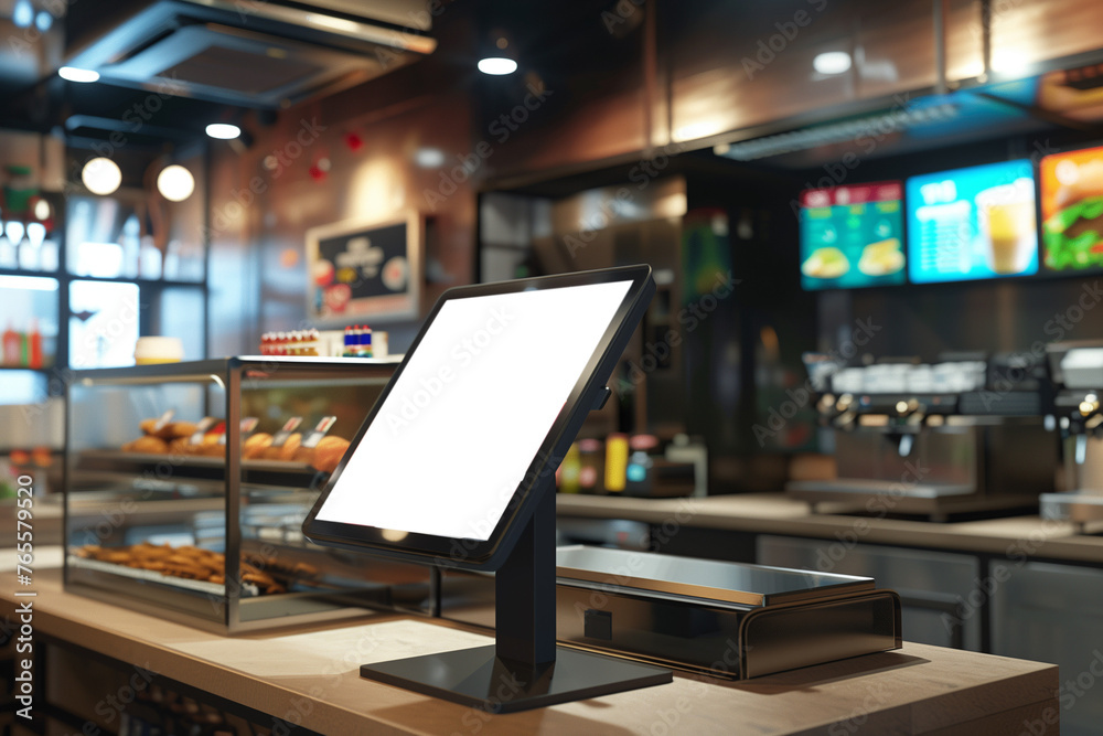Blank display of self-service screen with touch screen in fast food restaurant - obrazy, fototapety, plakaty 