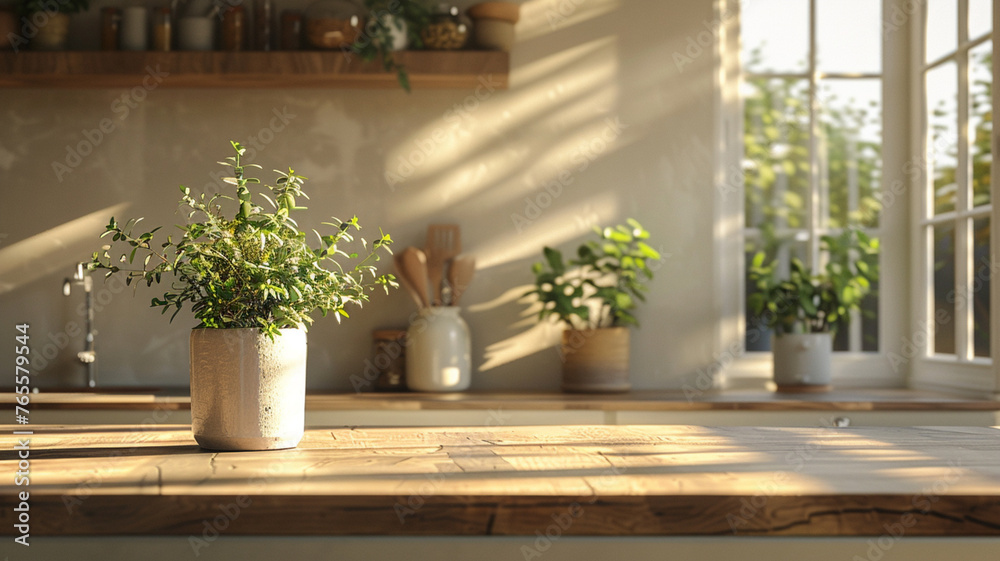 Fototapeta premium A potted plant sits on a wooden countertop in a kitchen. The sunlight streaming in through the window casts a warm glow on the plant and the countertop. The kitchen is well-lit and inviting