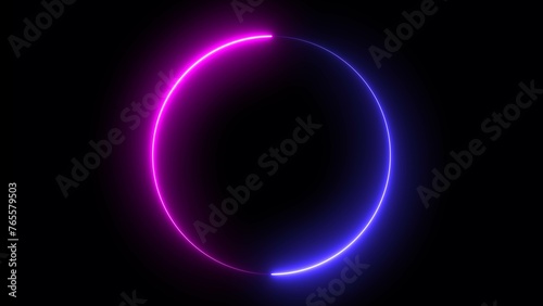 Glowing flow circle background. LED screens projection technology. Seamless looping circle photo frame with neon graphic on black background.