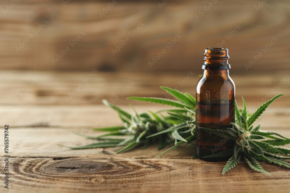 Bottle of medical cannabis oil next to hemp leaves Bottle of medical cannabis oil next to hemp leaves