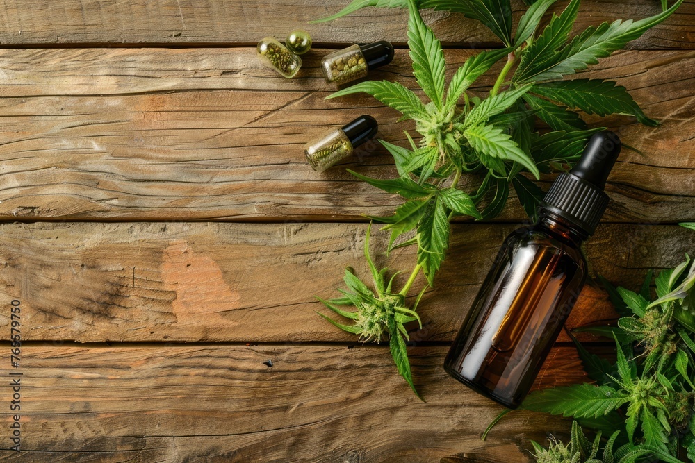 Bottle of medical cannabis oil next to hemp leaves Bottle of medical cannabis oil next to hemp leaves