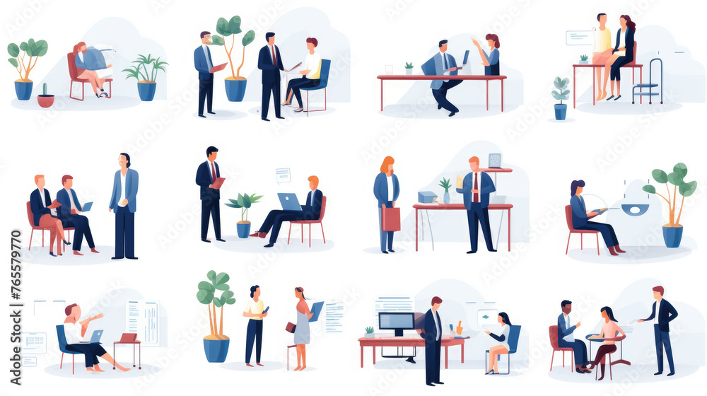 Hiring flat illustration mega set. Concept of recruitment, jobseeker, interview, business analysis, marketing, team metaphor and jobhunter templates.