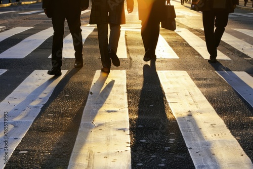 Business people on zebra crossing street, sunset time photo