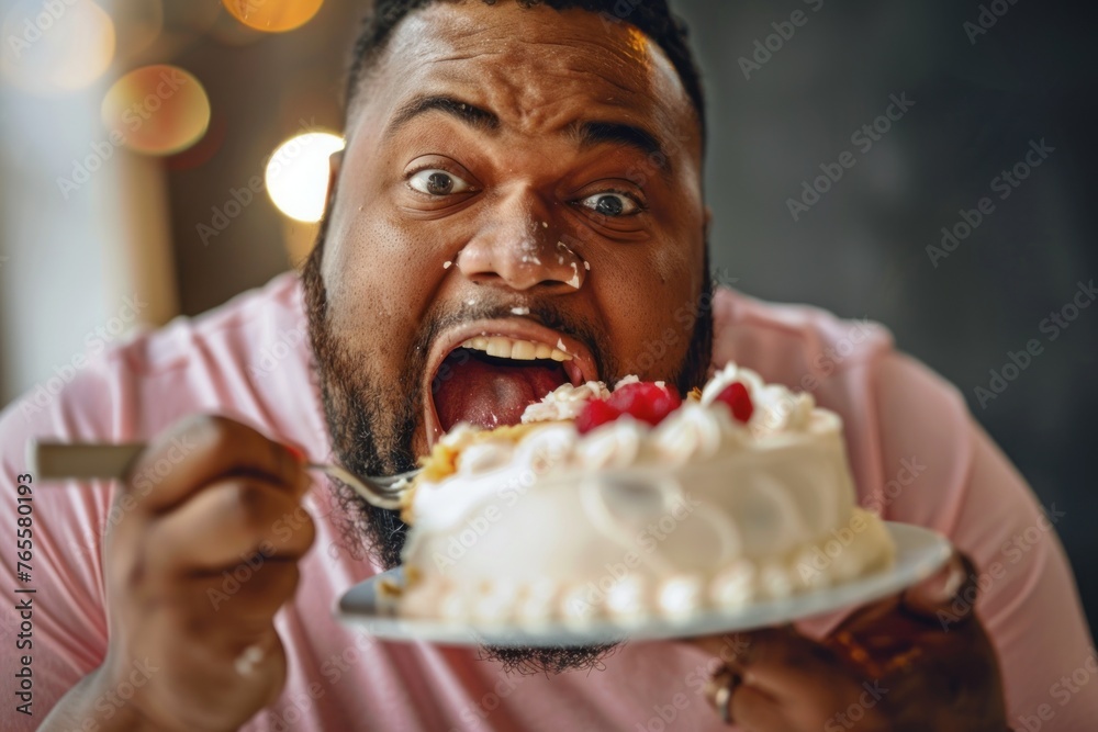 Close up Plus size man is eagerly eating a cake