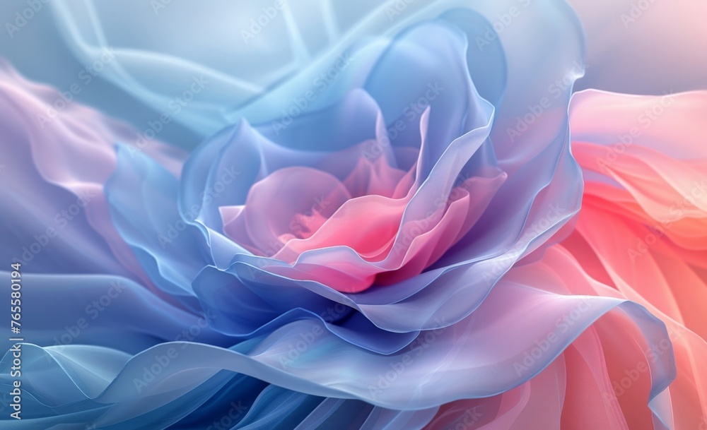 Close up of a vibrant blue and pink flower against a matching background in soft pastel hues