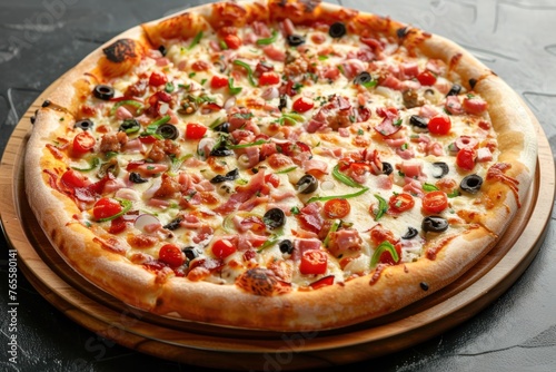 Close up front view of fresh hot pizza on black stone luxury table, junk food