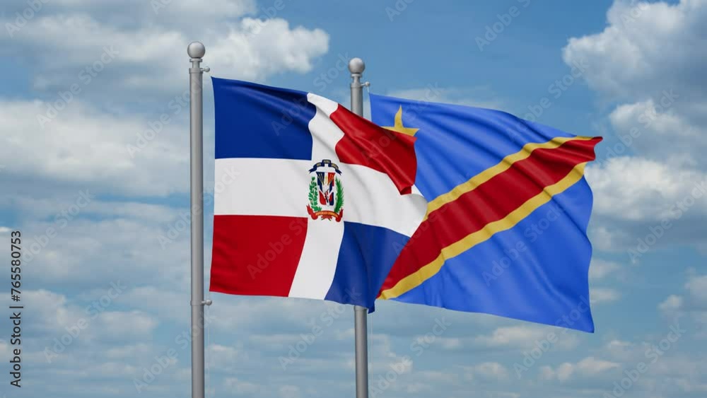 Democratic Republic of the Congo and Dominican two flags waving together, looped video, two country relations concept Democratic Republic of the Congo and Dominican two flags waving together, looped video, two country relations concept