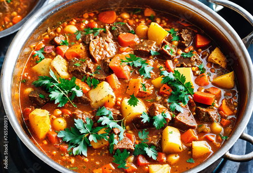 A tantalizing glimpse of a bubbling pot of stew, its aroma filling the room with warmth and comfort photo