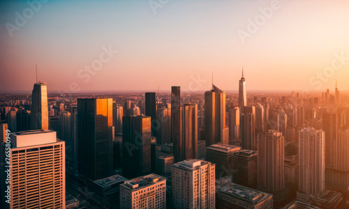 Aero view of the downtown of a big city against the backdrop of sunset.