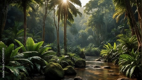 tropical forest in the jungle, tropical jungle with tropical green trees, green tropical landscape
