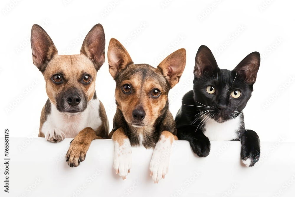 Dogs and Cats Hanging Over White Banner