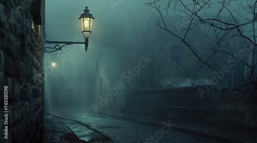 A lone streetlamp in a misty alley photo