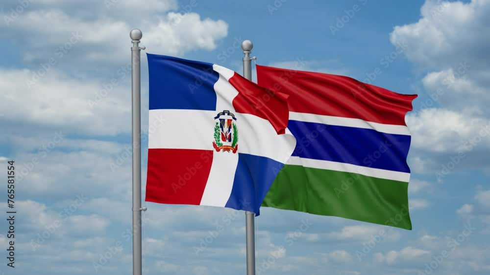 Gambia and Dominican two flags waving together, looped video, two country relations concept Gambia and Dominican two flags waving together, looped video, two country relations concept
