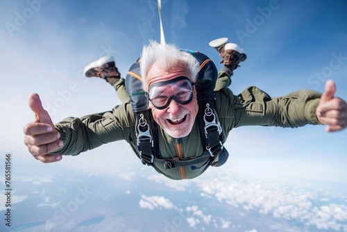 Funny and smiling elderly man has fun skydiving