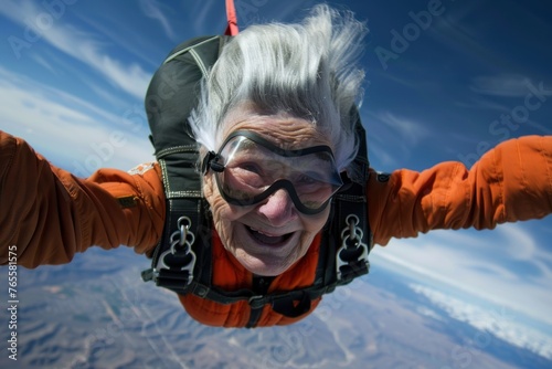 Funny and smiling elderly woman has fun skydiving