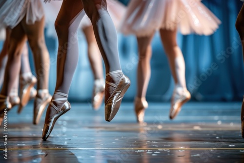 Group of ballerinas wearing pointe shoes are dancing