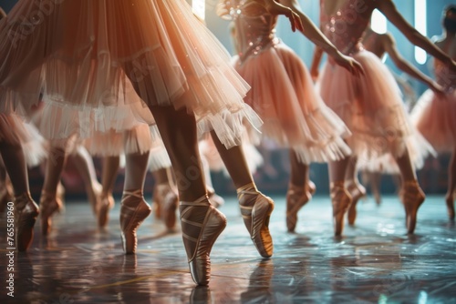 Group of ballerinas wearing pointe shoes are dancing