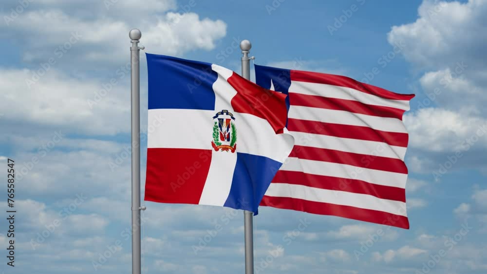 Liberia and Dominican two flags waving together, looped video, two country cooperation concept Liberia and Dominican two flags waving together, looped video, two country cooperation concept