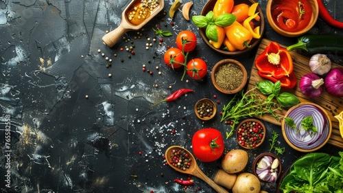 Colorful spices and herbs on textured background - Vibrant spices and fresh herbs scatter across a textured surface, spotlighting the beauty in culinary diversity