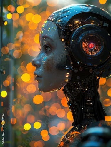 Futuristic robotic head with glowing eyes and bokeh - A close-up of an advanced robot head with luminous eyes against a shimmering light bokeh backdrop