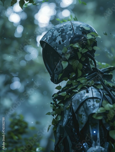 Futuristic soldier with camouflage helmet in the rain - An intricate image of a futuristic soldier's camouflage helmet, detailed with raindrops adding a layer of realism photo