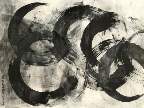 Black and white painting featuring multiple circles of varying sizes arranged in a geometric pattern © pham