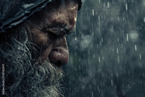 Old homeless bearded man in the rain, sad and emotional look, close-up portrait of poor elderly person photo