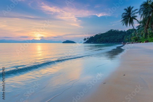 Paradise beach with palm trees and calm ocean at dawn. Panoramic banner of a peaceful landscape