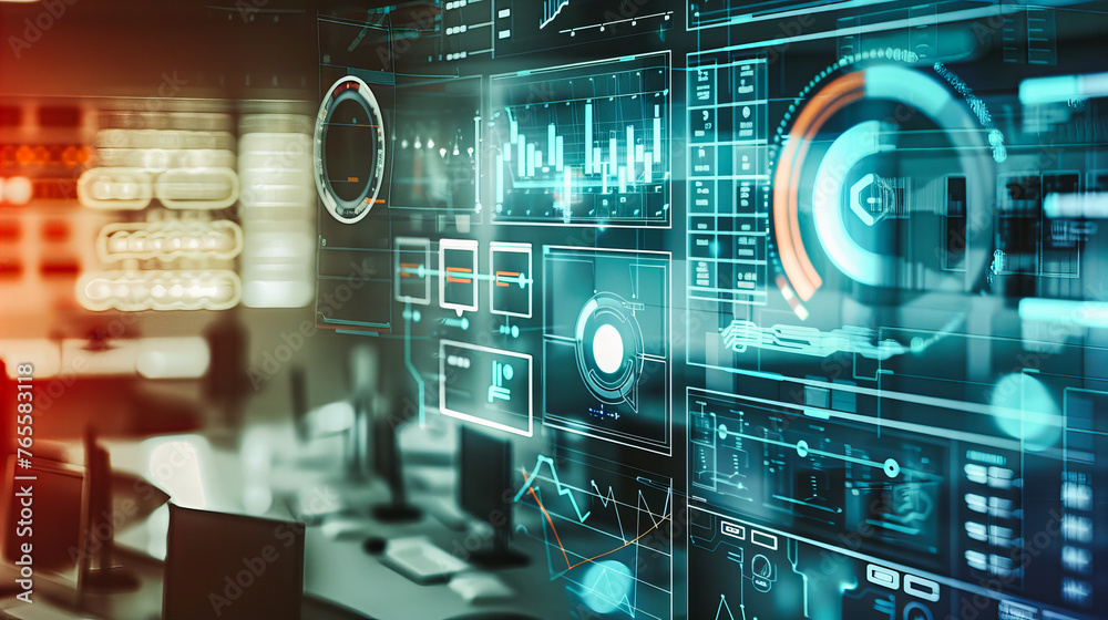 Digital technology and business innovation concept, visualizing futuristic data interfaces and the integration of computing in financial analysis Digital technology and business innovation concept, visualizing futuristic data interfaces and the integration of computing in financial analysis