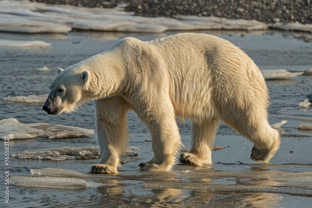 Polar bear threatened by climate change and global warming, walking on ...