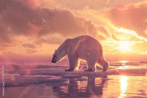 Polar bear threatened by climate change and global warming  walking on melting ice in the heat of the sun