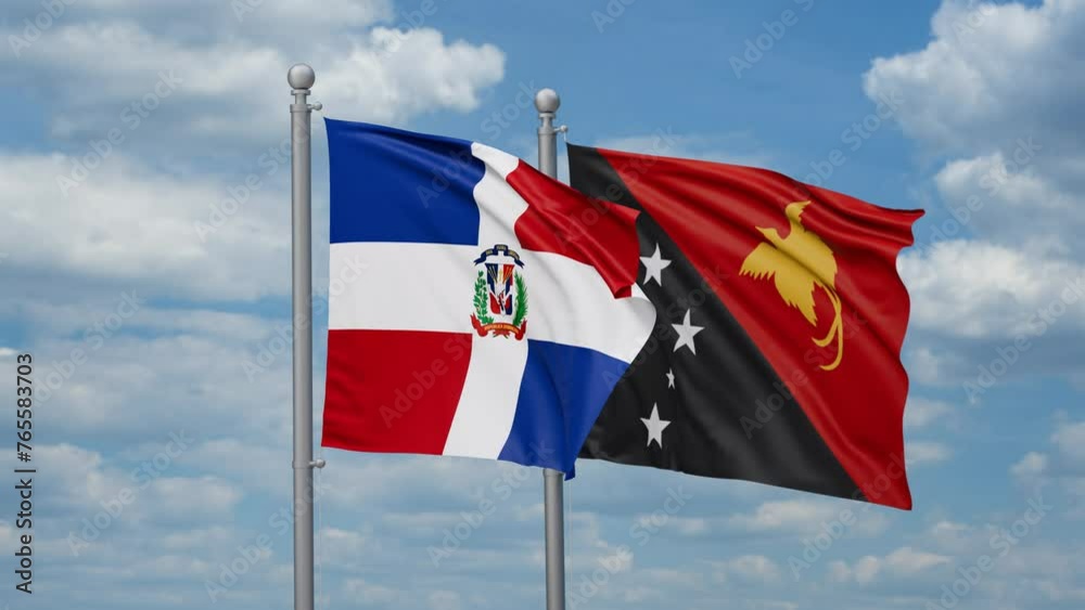 Papua New Guinea and Dominican two flags waving together, looped video, two country relations concept Papua New Guinea and Dominican two flags waving together, looped video, two country relations concept