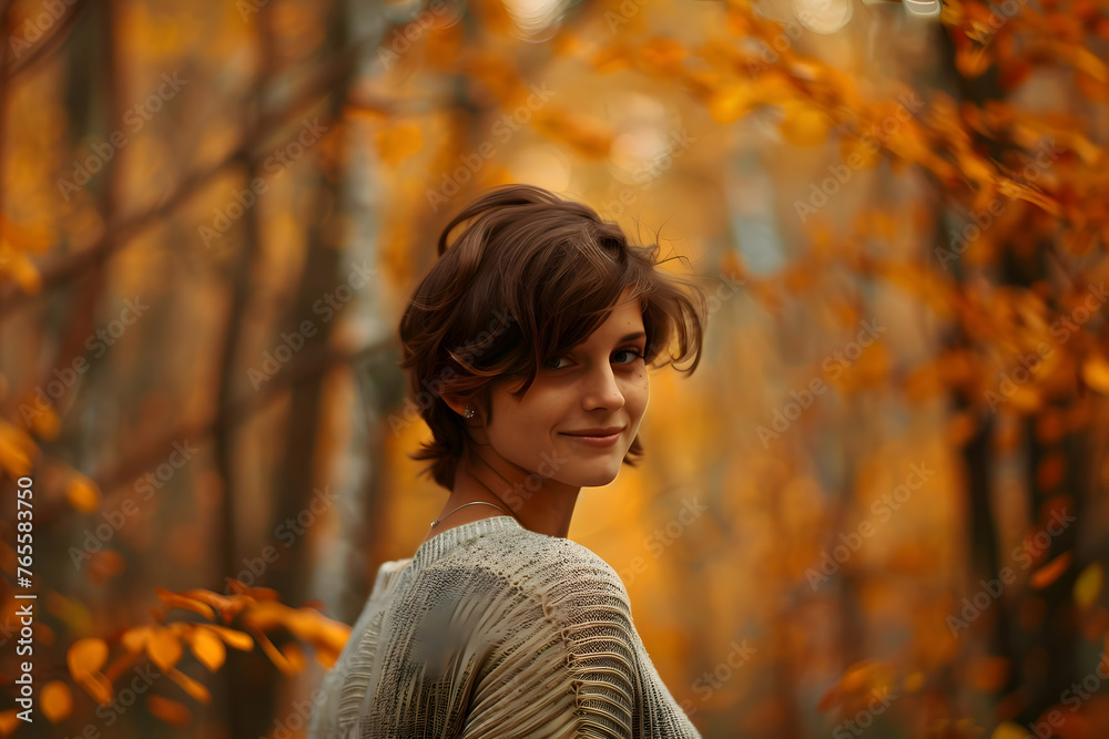 Woman walking through an autumn forest, smiling as she looks over her shoulder at the camera. The fall colors are bright and lively. Smiling depression concept. Woman walking through an autumn forest, smiling as she looks over her shoulder at the camera. The fall colors are bright and lively. Smiling depression concept.
